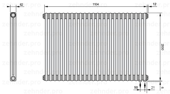 Схема (чертеж) Радиатор Zehnder Charleston 2200/24 №5510 Белый глянцевый RAL 9016